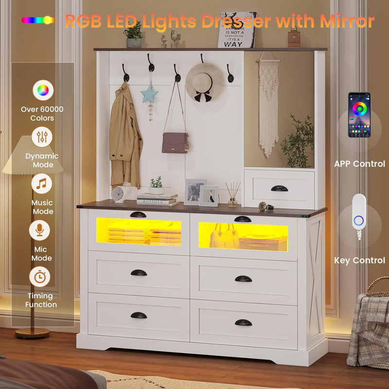 6 Drawer Dresser For Bedroom With Mirror Storage Space 5 Coat Hook Dresser White